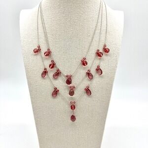 Layered Necklace Pink Crystal Drop Dangle Silver‎ Tone Chain Fashion Jewelry